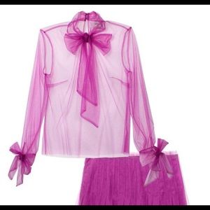 Purple sheer blouse net tulle bow